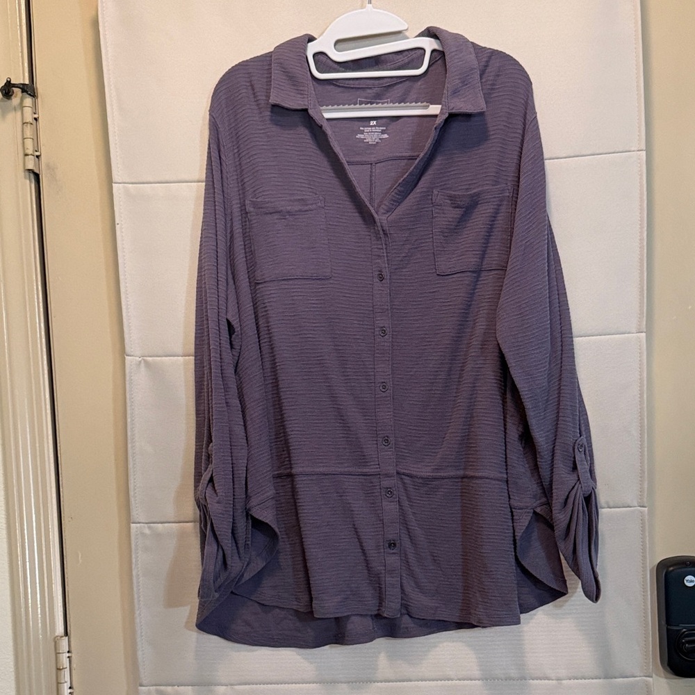 Waffle Knit Button Up Shirt Relaxed Fit Purple Lightweight Plus Size 2x